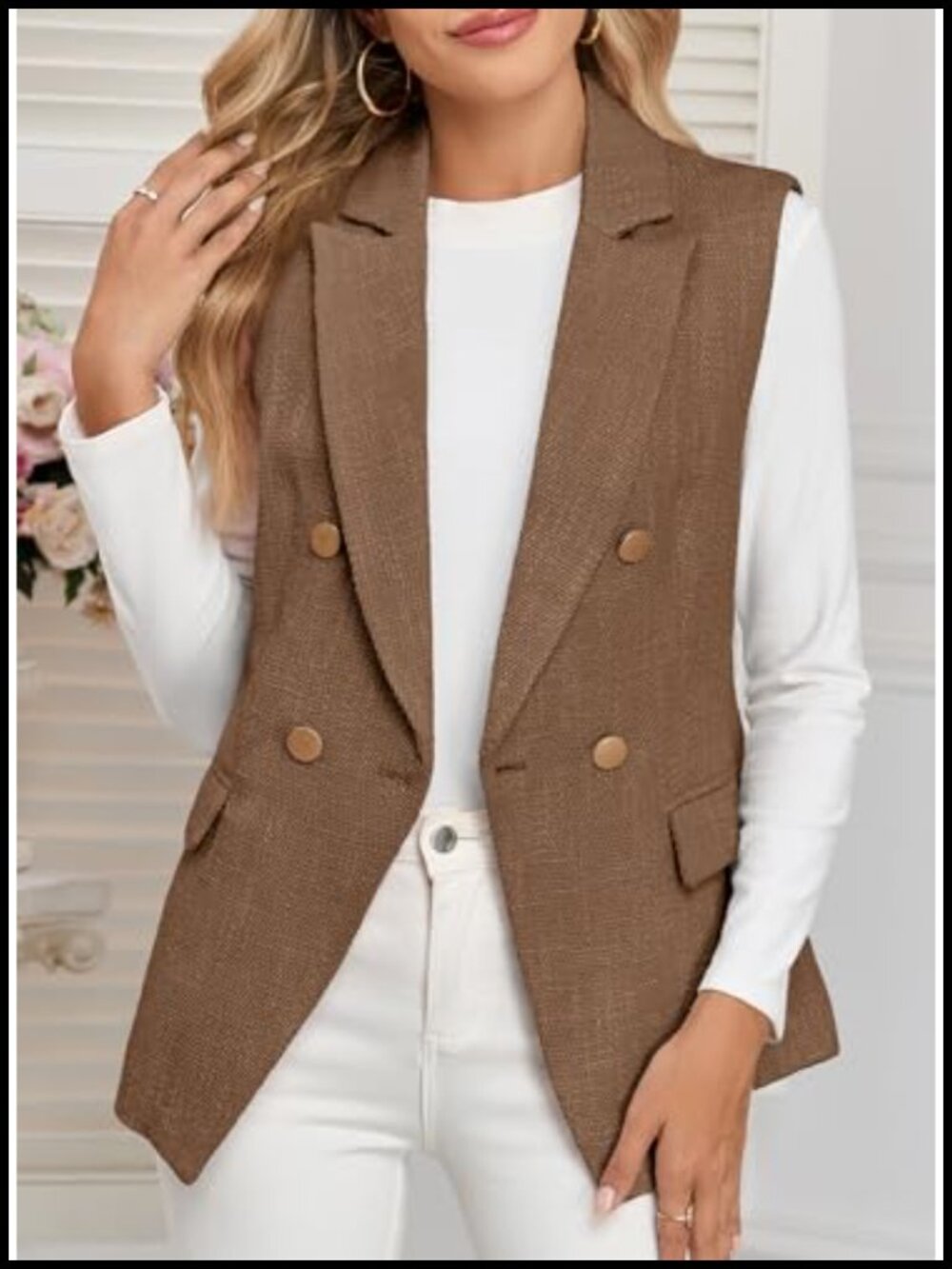 Sleeveless Tweed Blazer Vest Double Breasted Work Suit with Pockets - Picture 3 of 6